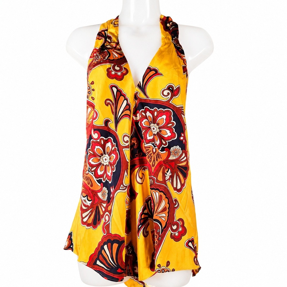 Banana Republic Halter Top Women M Yellow Silk Paisley Boho Open Back Resortwear